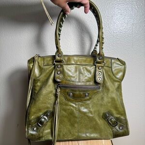 BALENCIAGA Olive Perforated Leather Motorcycle City Bag